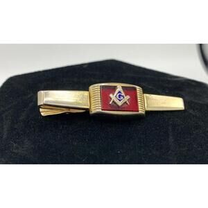 VTG Gold-Tone Masonic Tie Clip Red Enamel Square & Compass “G” Monogram ANSON